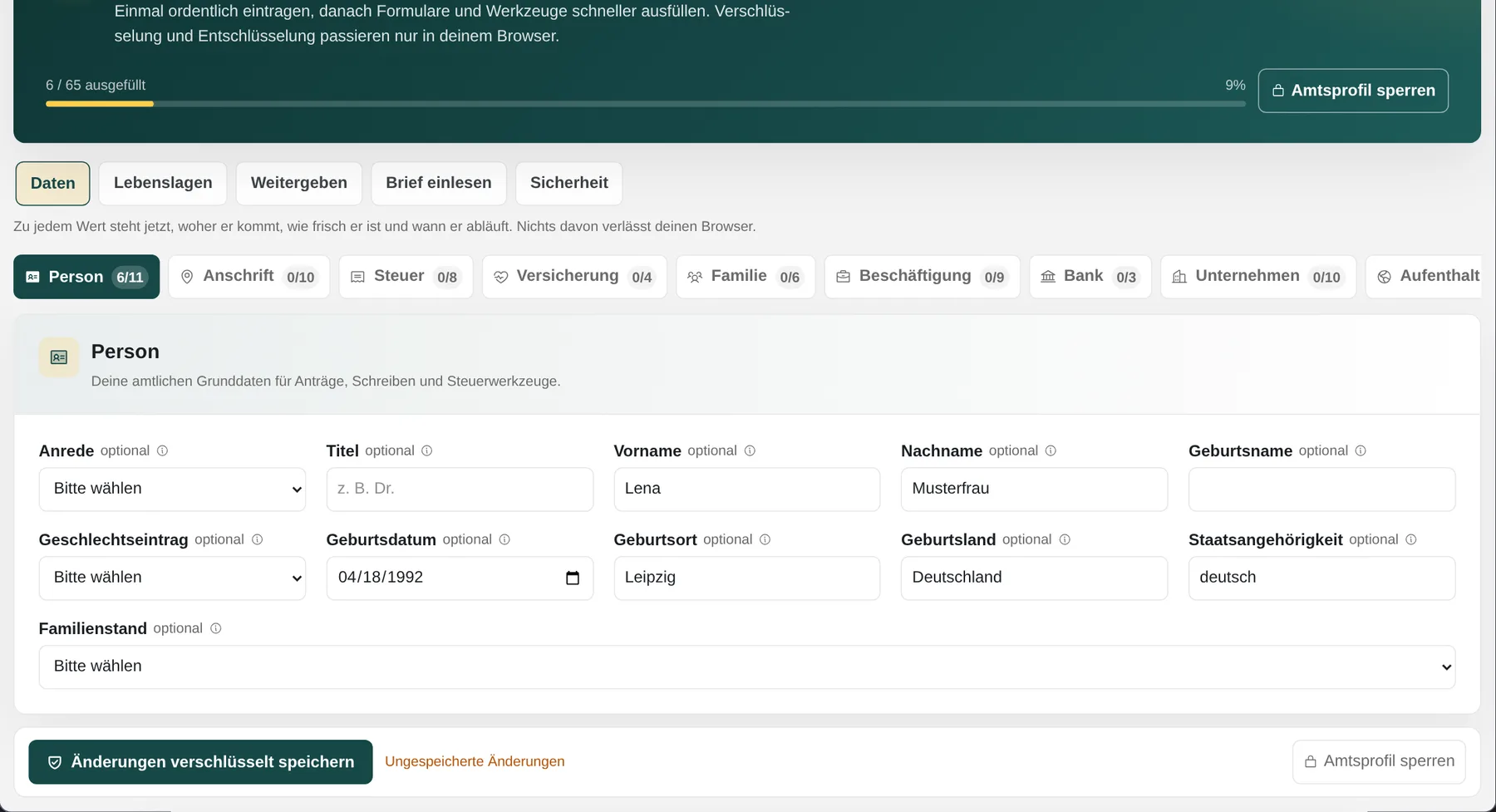 Amtsprofil: echter verschlüsselter Profil-Editor mit synthetischen Beispieldaten