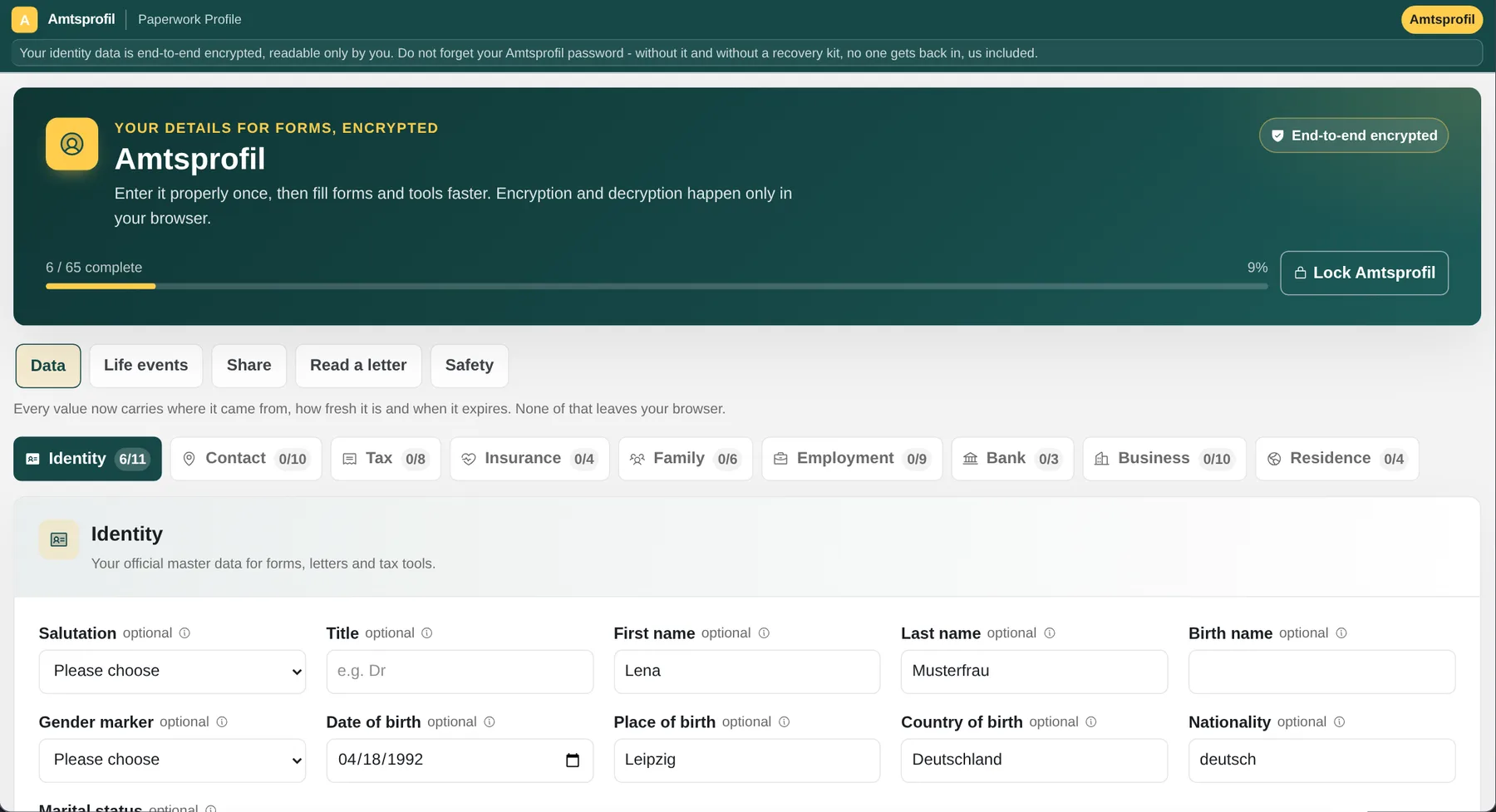 Amtsprofil: real encrypted profile editor with synthetic sample data