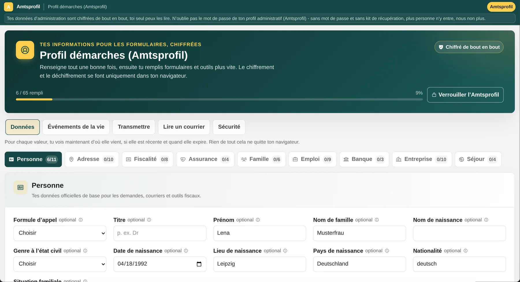 Amtsprofil : vrai éditeur de profil chiffré avec des données d’exemple synthétiques