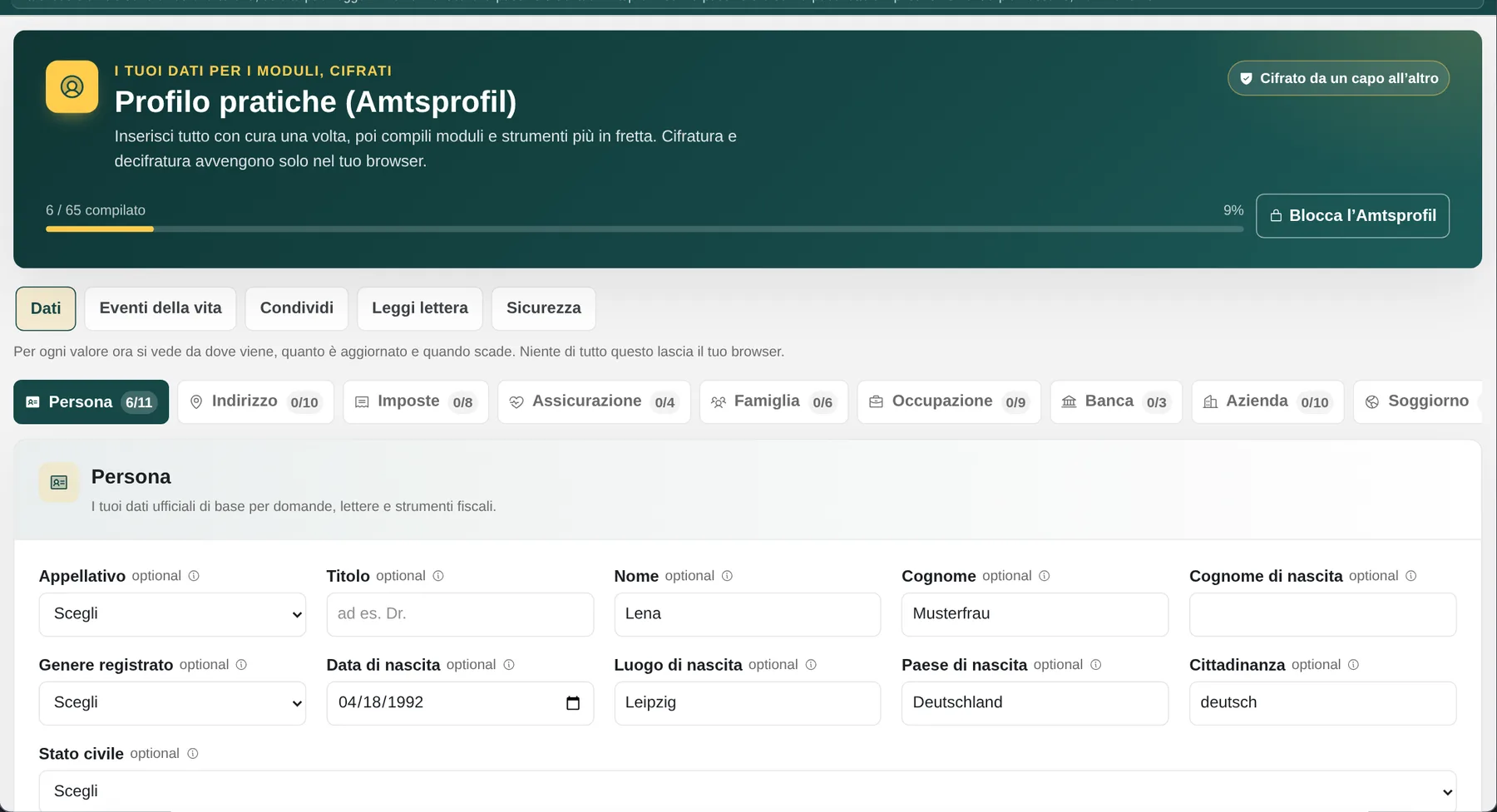 Amtsprofil: editor del profilo cifrato reale con dati di esempio sintetici
