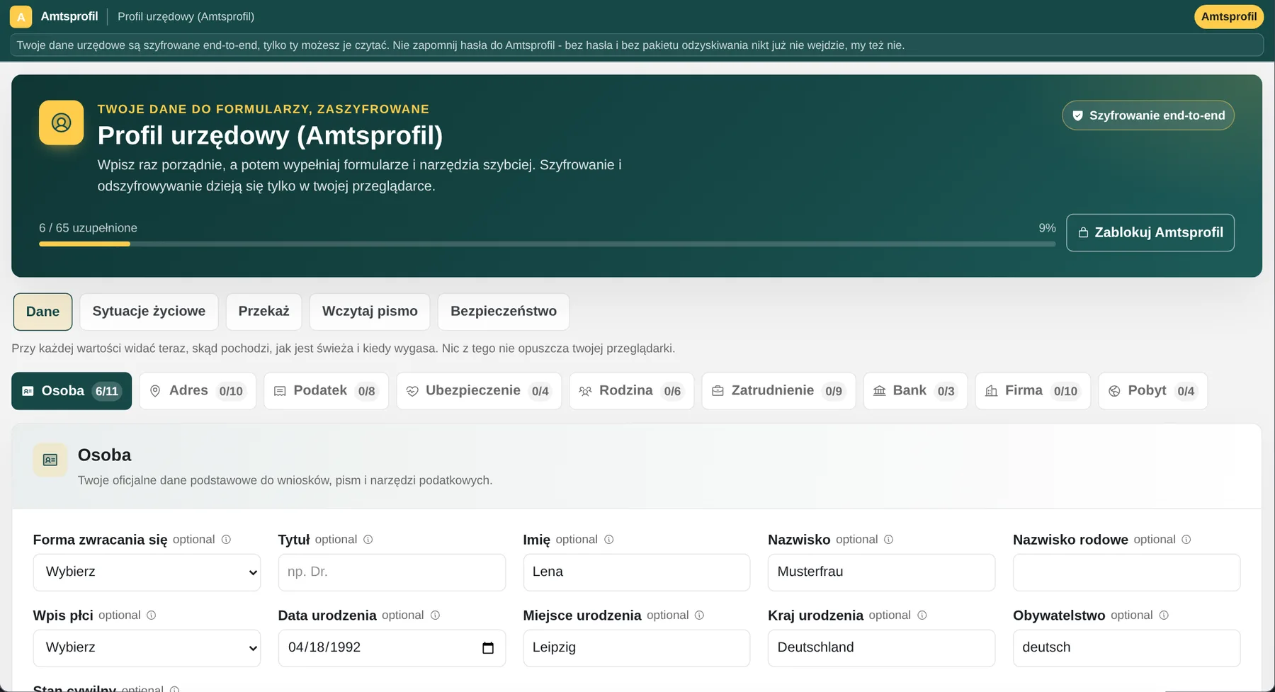 Amtsprofil: prawdziwy zaszyfrowany edytor profilu z syntetycznymi danymi przykładowymi