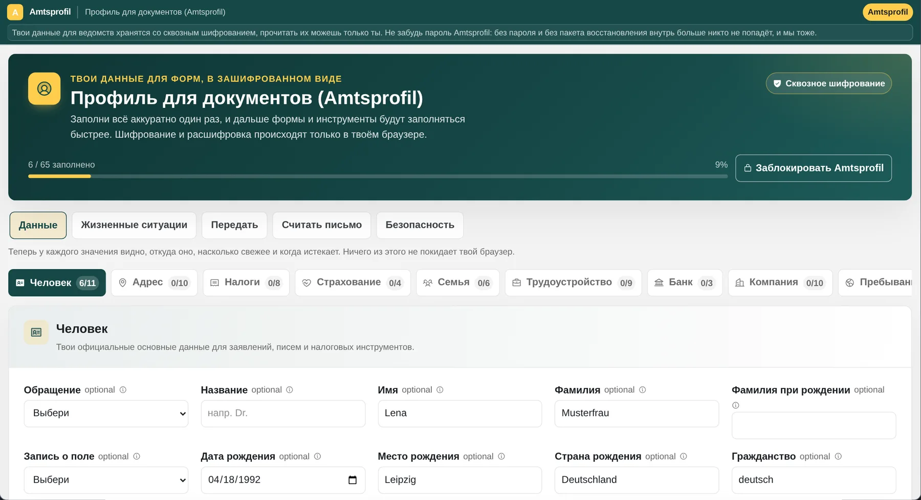 Amtsprofil: настоящий зашифрованный редактор профиля, синтетические примеры данных