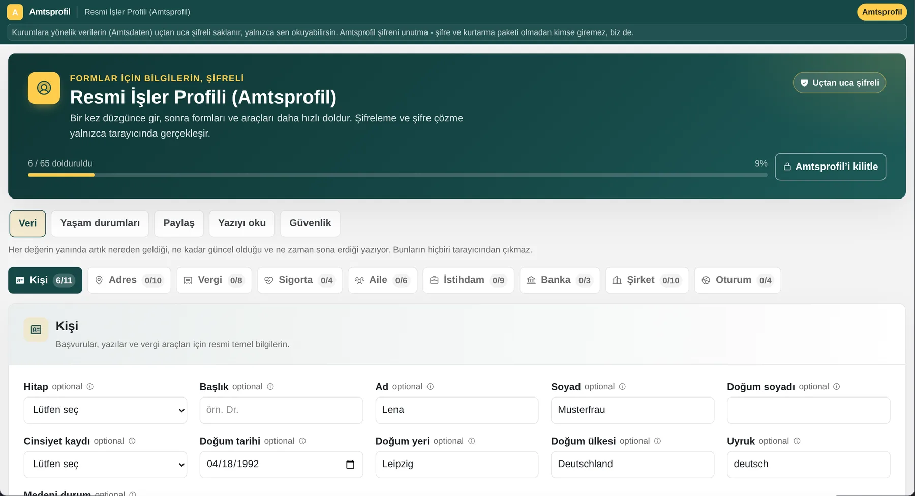 Amtsprofil: sentetik örnek verilerle gerçek şifreli profil düzenleyici