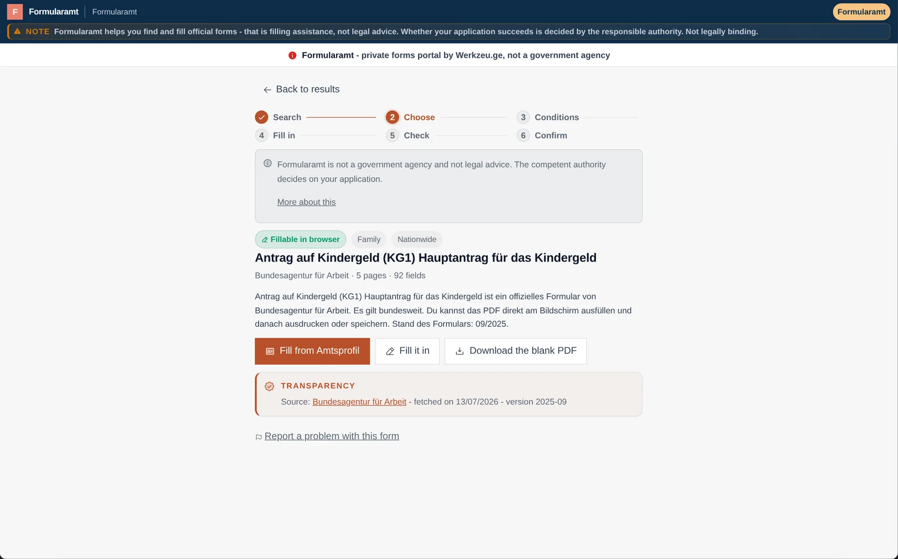 Formularamt: real form detail page with source and version date, synthetic sample data