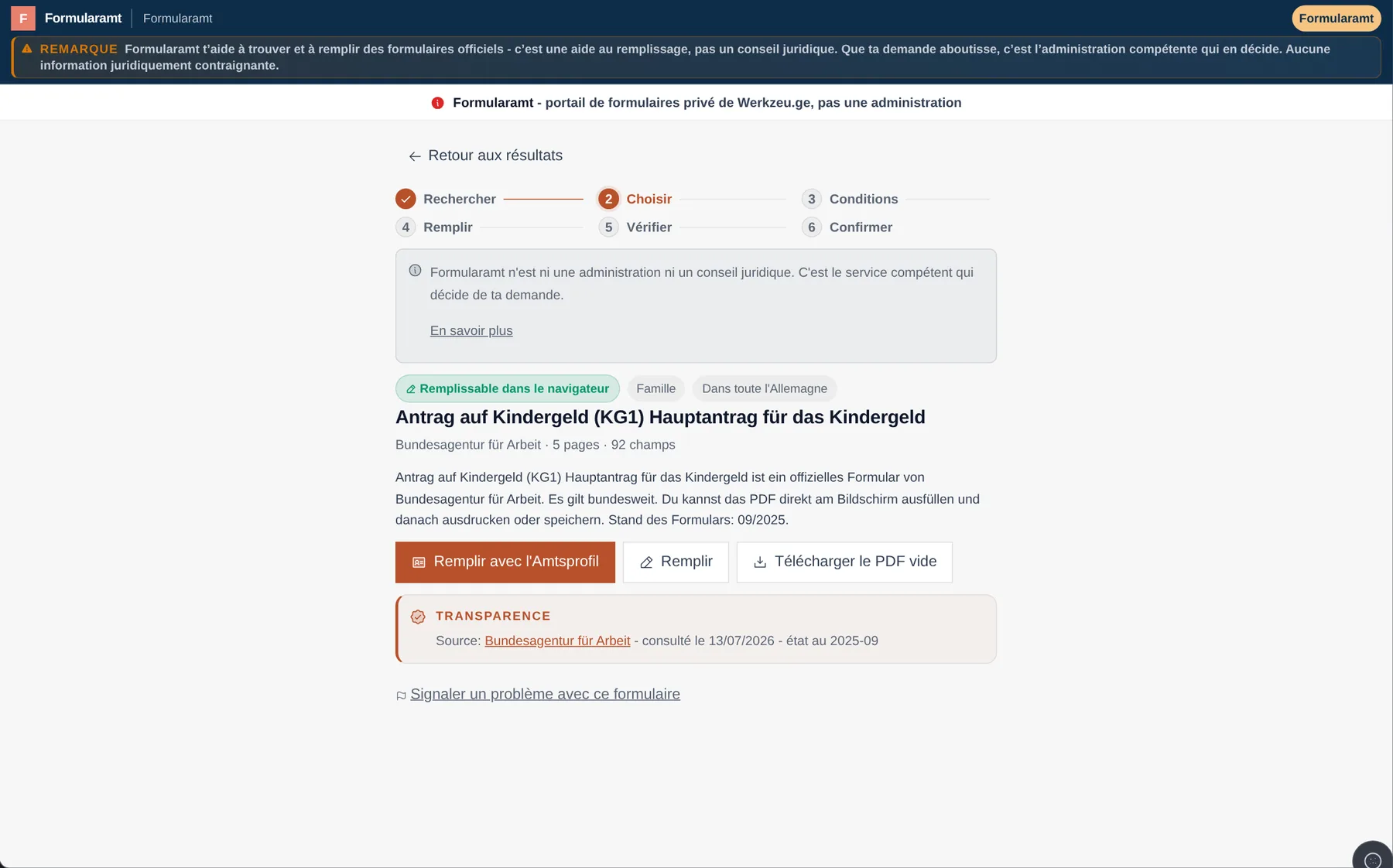 Formularamt : vraie page de détail d’un formulaire avec source et version, données d’exemple synthétiques