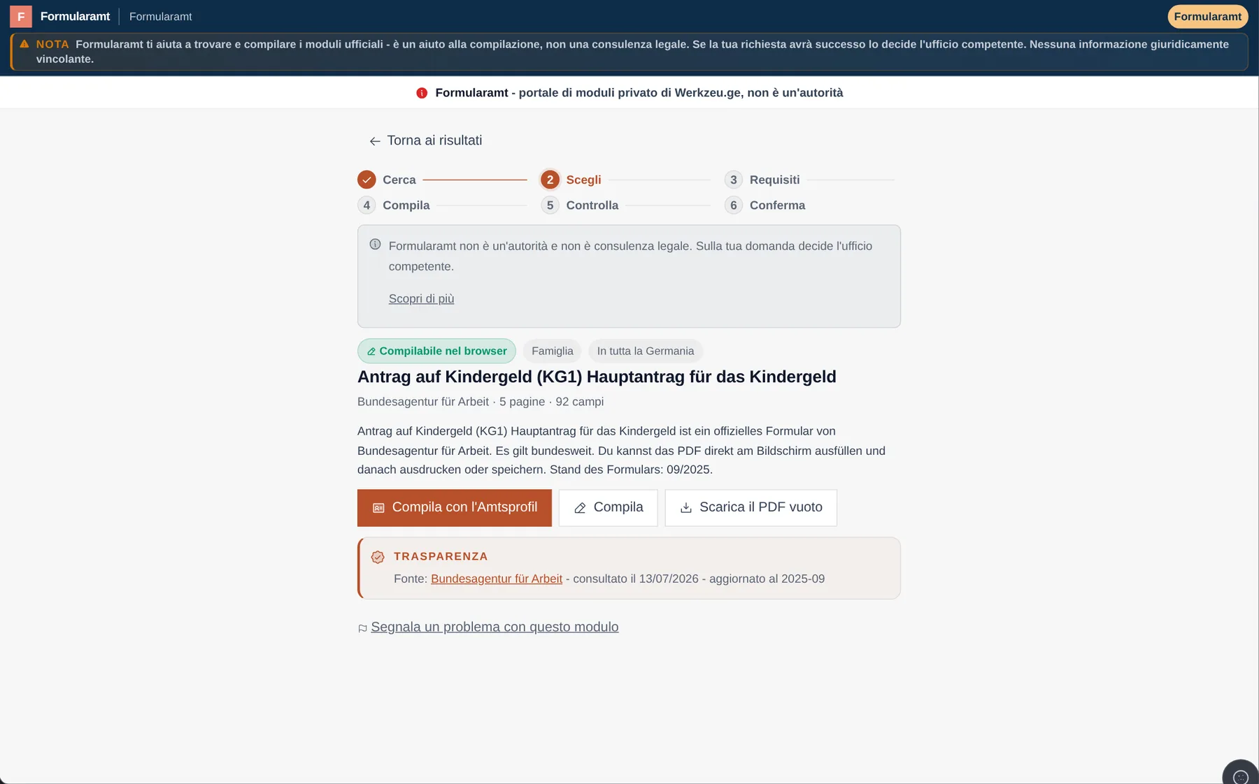 Formularamt: pagina di dettaglio reale di un modulo con fonte e versione, dati di esempio sintetici