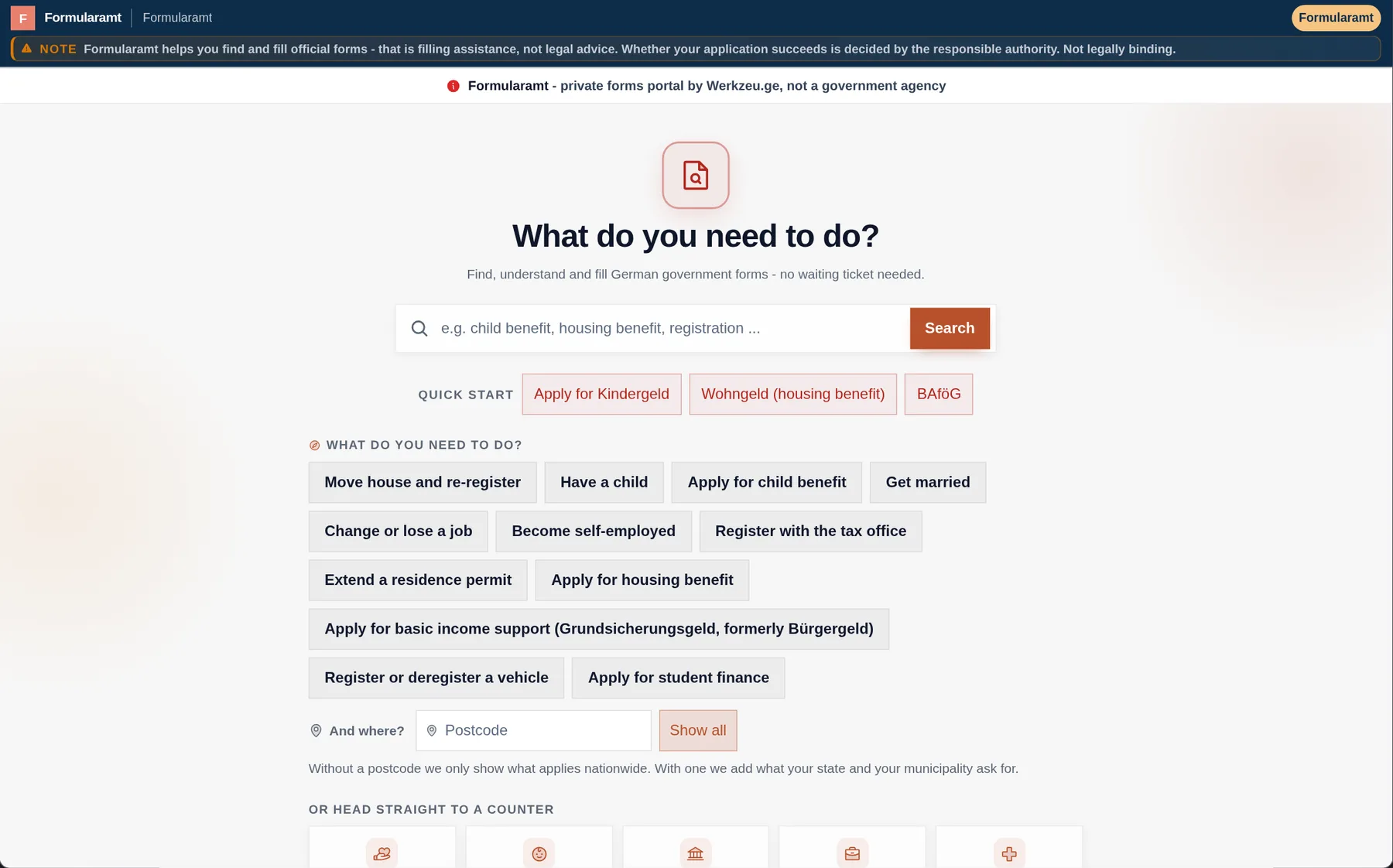Formularamt: Find. You know what you need. Find where to start.