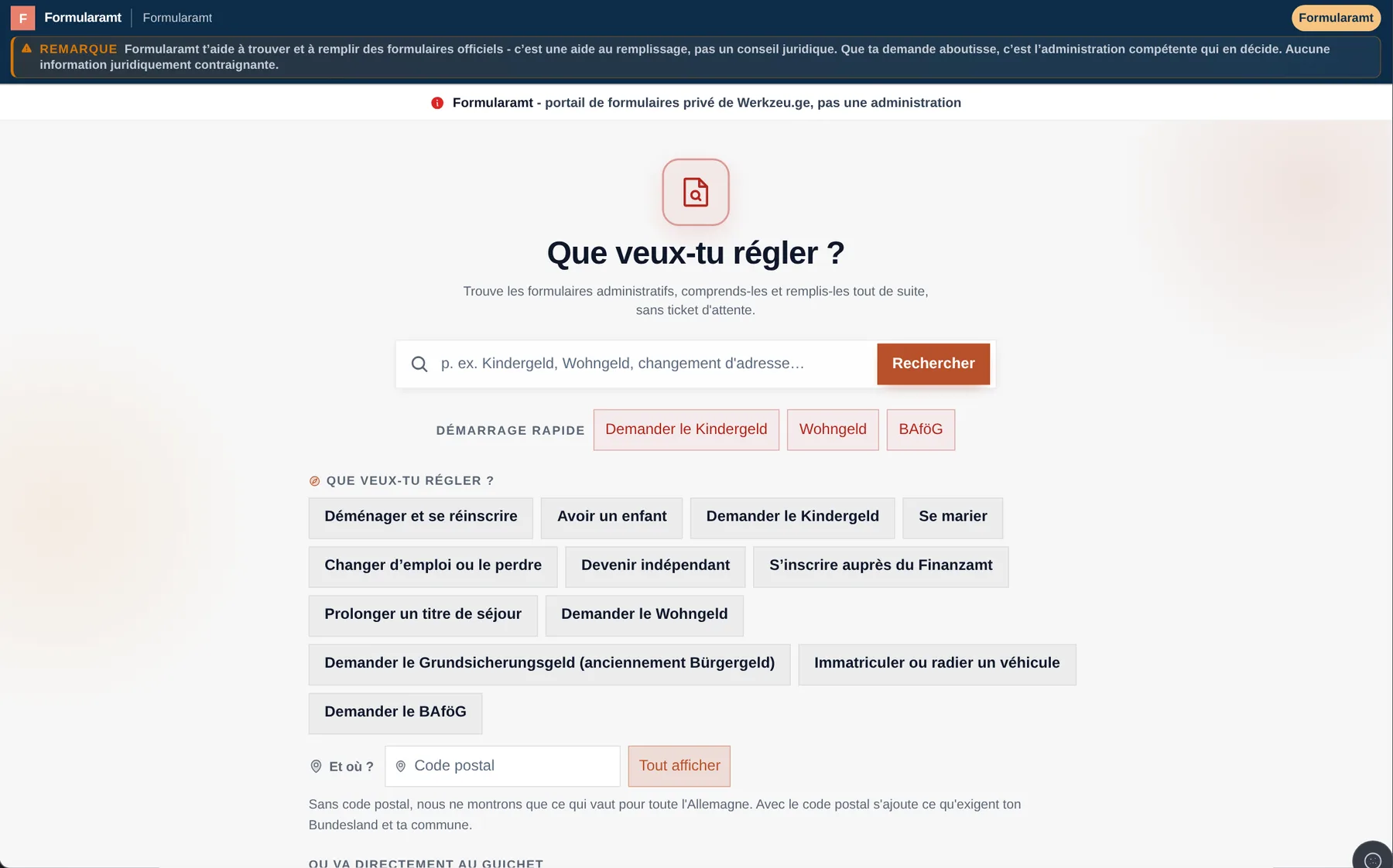 Formularamt: Trouver. Tu sais ce qu'il te faut. On te montre par où commencer.