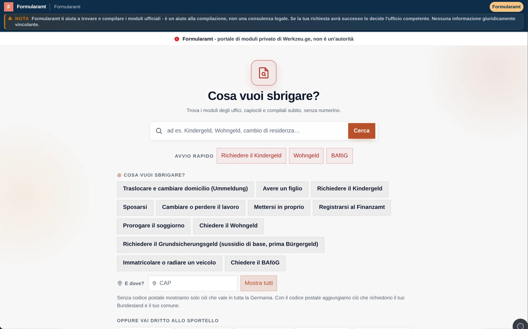 Formularamt: Trova. Sai di cosa hai bisogno. Noi ti mostriamo da dove partire.